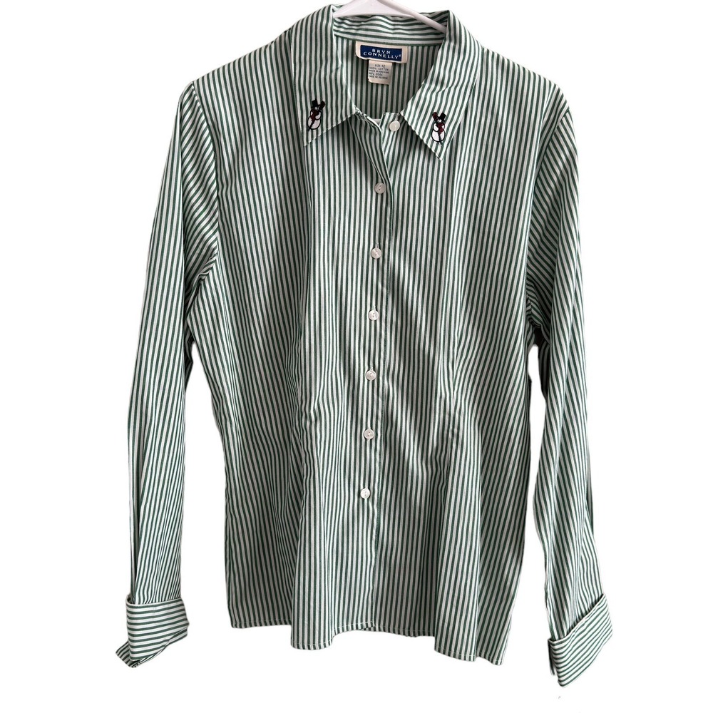Bryn Connelly Christmas Embroidered Button Down Shirt Green Stripe Vtg New Sz 12